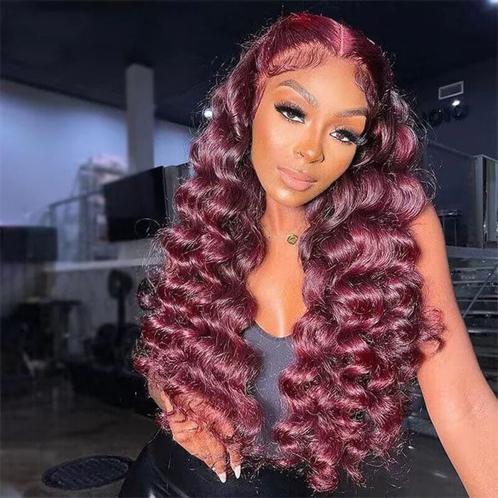 99J Burgundy Colored Human Hair Wigs Loose Wave 13x4 13x6 HD Lace Frontal Wigs