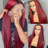 Straight Dark 99J Burgundy With Red Highlights 13x4 HD Lace Front Wigs Human Hair