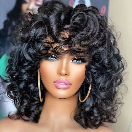 Hot Selling Short Bouncy Rose Curly Bob Wig with Bangs