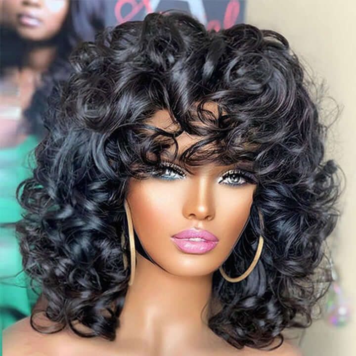 Hot Selling Short Bouncy Rose Curly Bob Wig with Bangs