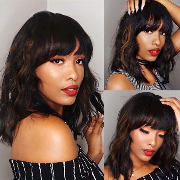 Unique Shoulder Length Wavy Bob Hair With Bangs Wigs Remy Human Hair Wig