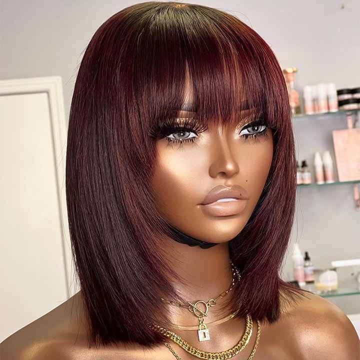 Elegant Smooth Straight Remy Human Hair Burgundy Layered Wigs with Bangs