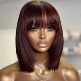 Elegant Smooth Straight Remy Human Hair Burgundy Layered Wigs with Bangs