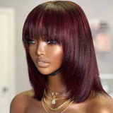 Elegant Smooth Straight Remy Human Hair Burgundy Layered Wigs with Bangs