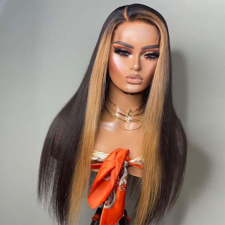 Skunk Stripe Wig With Honey Blonde Highlights Straight Hair HD Lace Front Wigs With Streaks In Front