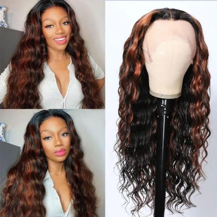 Deep Body Wave with Red Brown Balayage Highlights Lace Front Wig Human Hair