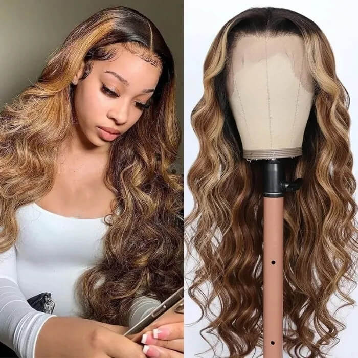 13x4 Lace Frontal Wigs Hair Honey Brown Ombre Wavy Human Hair