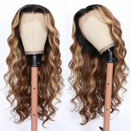 13x4 Lace Frontal Wigs Hair Honey Brown Ombre Wavy Human Hair