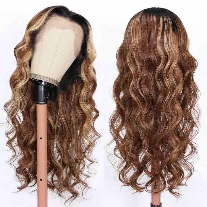 13x4 Lace Frontal Wigs Hair Honey Brown Ombre Wavy Human Hair