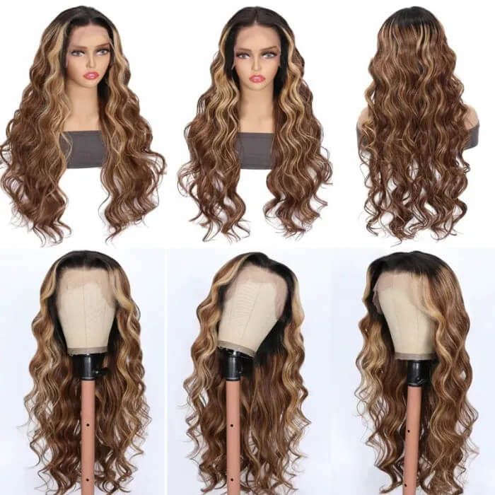 13x4 Lace Frontal Wigs Hair Honey Brown Ombre Wavy Human Hair