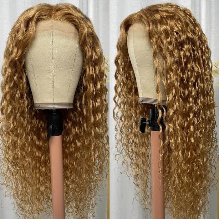Light Golden Brunette Glossy Water Wave 13x4 Lace Front Wig Human Hair