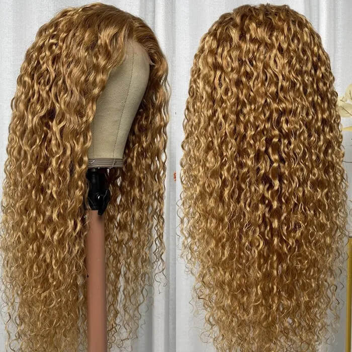 Light Golden Brunette Glossy Water Wave 13x4 Lace Front Wig Human Hair