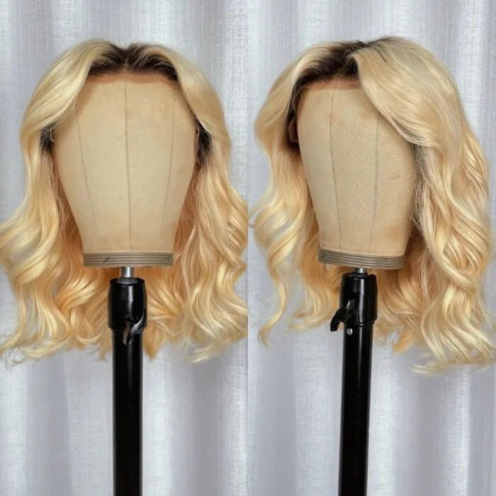 613 Blonde Loose Wave Bob Wig With Dark Roots 13x4 Lace Front Wig Human Hair