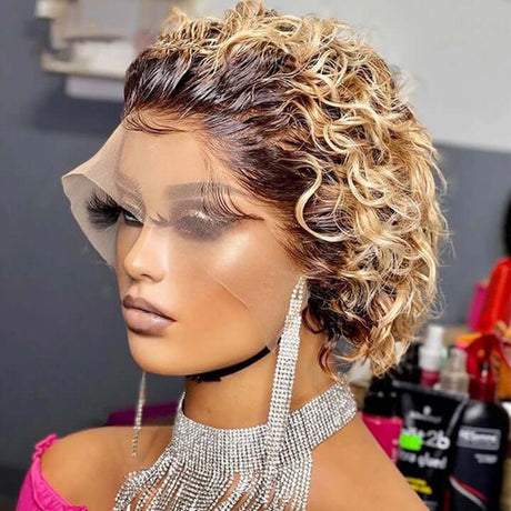 Ombre Honey Blonde Short Curly Pixie Cut Lace Wig Curly Human Hair