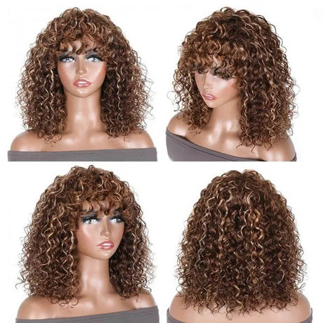 Highlight Deep Wave Short Bob Human Hair Wigs With Bangs 150% Density