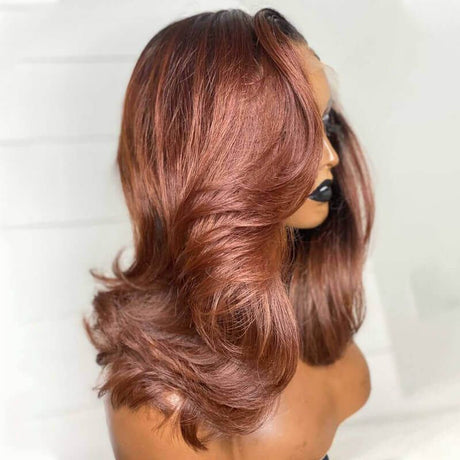 Copper Red Mid Length Wavy Hair Lace Front Wig Human Hair