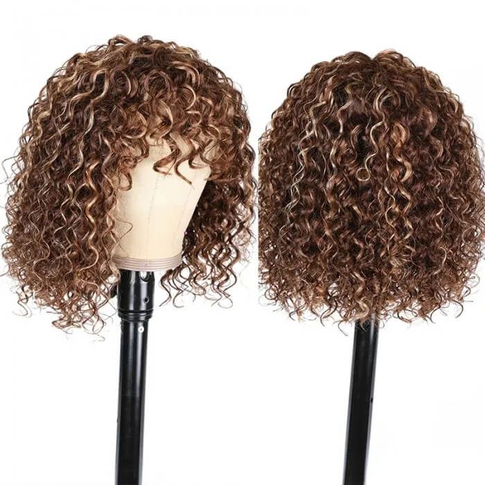 Highlight Deep Wave Short Bob Human Hair Wigs With Bangs 150% Density