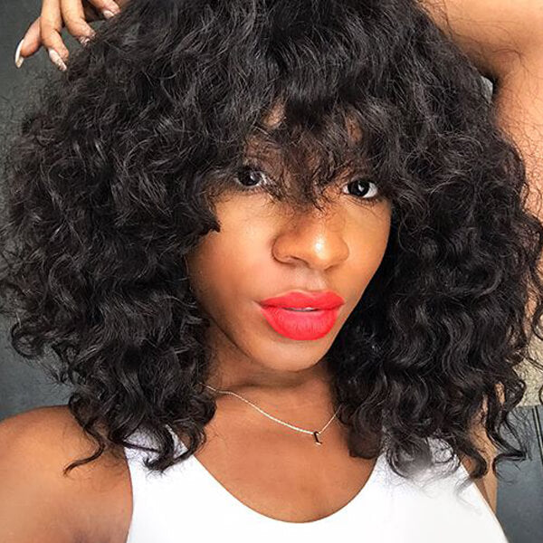 Malaysian Curly Lace Front Wig With Bangs Human Hair