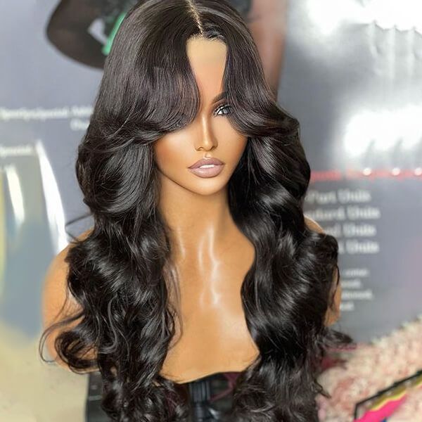 Soft Loose Wave Curtain Bangs Glueless Lace Front Wig Human Hair