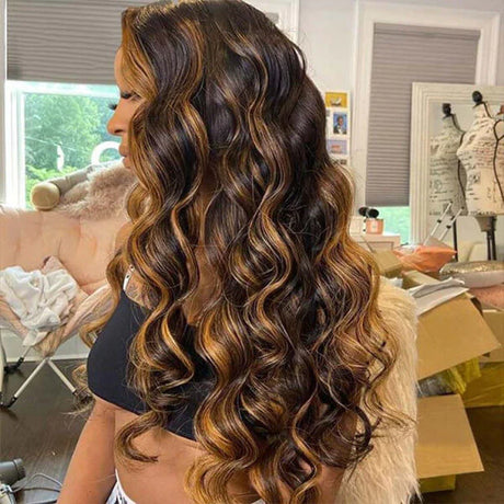 Highlight Body Wave Lace Front Wigs Mix Color #1B/30 HD Lace Human Hair Wigs Pre-Plucked Hairline