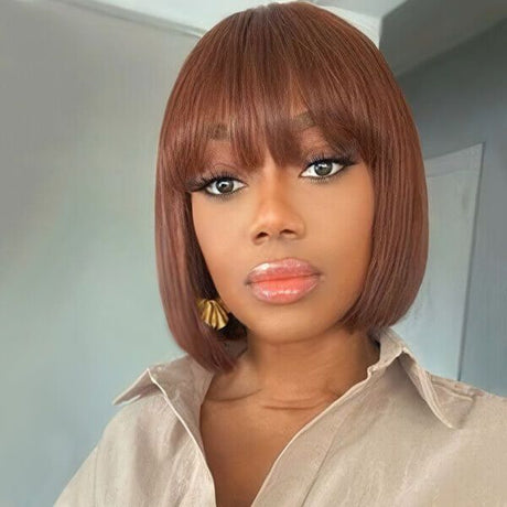 Short Bob Human Hair Wig With Bangs Lace Closure Wig