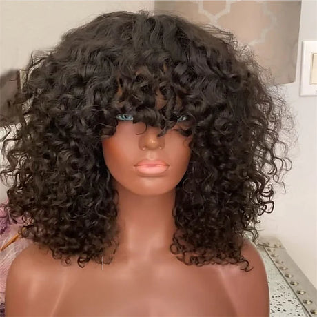 Remy Human Hair Wig Bouncy Curly With Bangs Natural Black Trending Wig