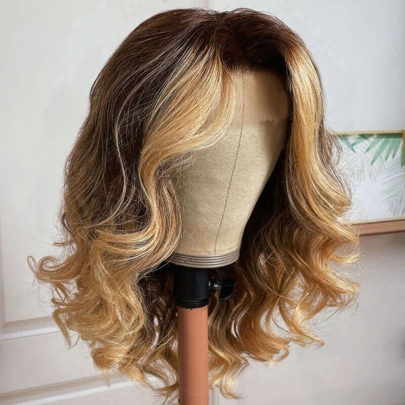 Dark Root Brown to Blonde Lace Front Wig Pre Plucked Ombre Human Hair