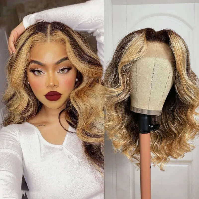 Dark Root Brown to Blonde Lace Front Wig Pre Plucked Ombre Human Hair