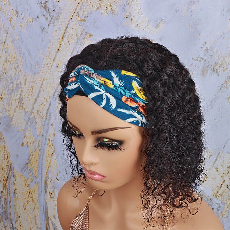 Curly Bob Human Hair Wig Headband Wig Natural Black 180 Density