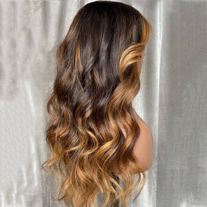 Caramel Brown with Blonde Highlights Wavy Lace Front Wigs Human Hair