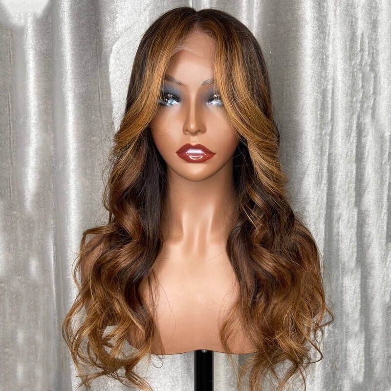 Caramel Brown with Blonde Highlights Wavy Lace Front Wigs Human Hair