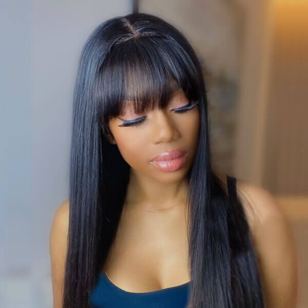 150% Density Straight Human Hair Wig With Bangs 13x4 Lace Front Wig