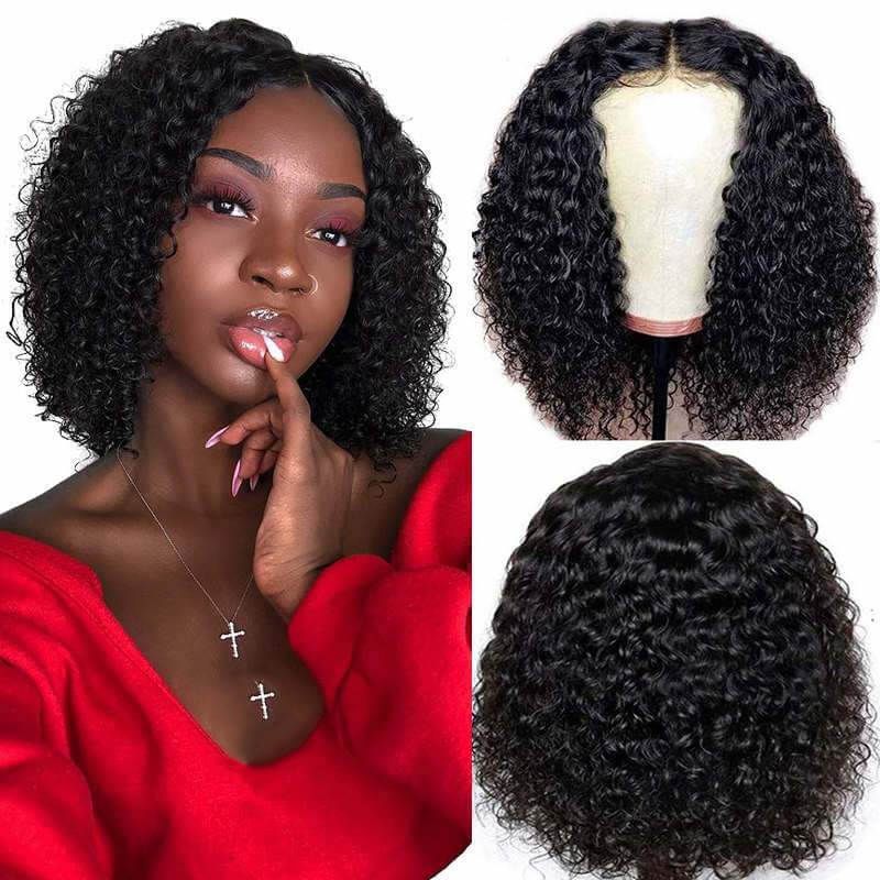 Short Bob Wigs Curly 13X4 Lace Front Human Hair Natural Black Wig