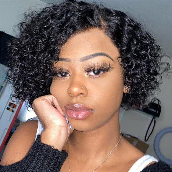 Glueless Slick Back Pixie Short Cut Cute Curly Human Hair 13x4 Frontal Lace Wig
