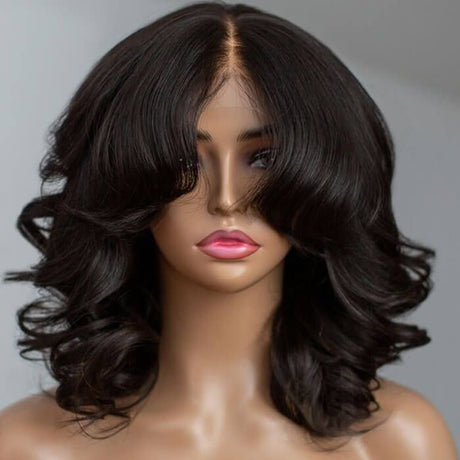 Designer Curtain Bangs Natural Color Wavy Lace Front Wig Human Hair