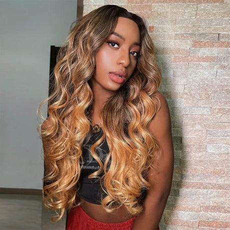 Black Blonde Highlights Wavy 13x4 Lace Front Wig Human Hair