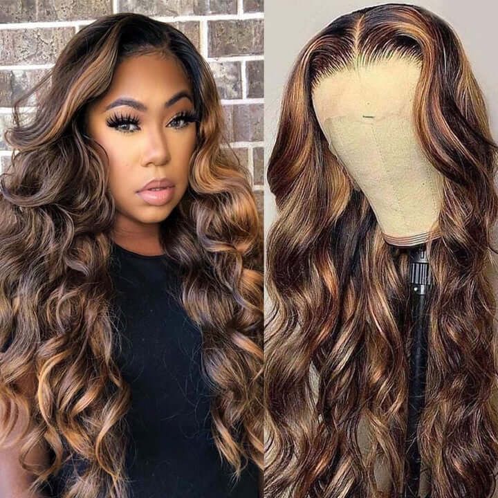 Chestnut Brown Highlights Human Hair Lace Front Wig Royal Wave 100% Virgin Hair