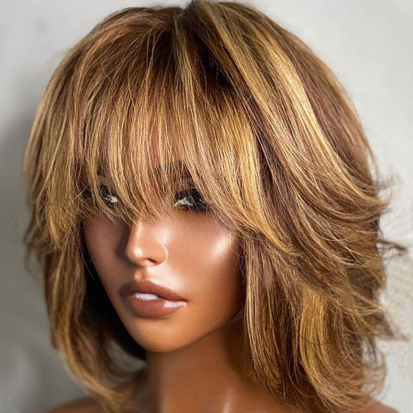 Bob with Bangs Honey Blonde with Brown Highlights Human Hair Wig