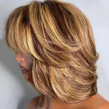 Bob with Bangs Honey Blonde with Brown Highlights Human Hair Wig