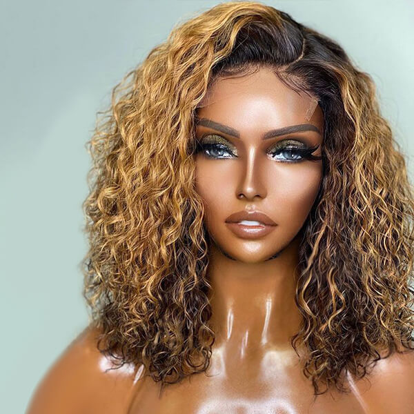 Golden Blonde Curly Bob 13x4 Lace Front Wigs Human Hair