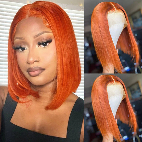 Orange Ginger Color 13x4 Lace Front Wigs Remy Human Hair Short BoB Wig Baby Hair For Black Women 150% Preplucked
