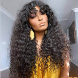 Glueless Curly Human Hair Wigs With Bangs Lace Front Wigs 180% Density