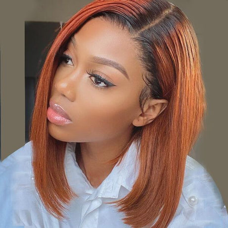 Side Part Ginger Ombre Bob Glueless 13x4 Lace Human Hair  Wig