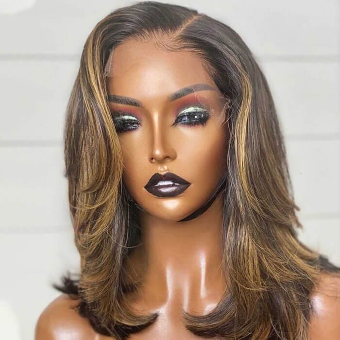 Golden Blonde Highlight Side Part Long Bob Lace Front Wig Human Hair