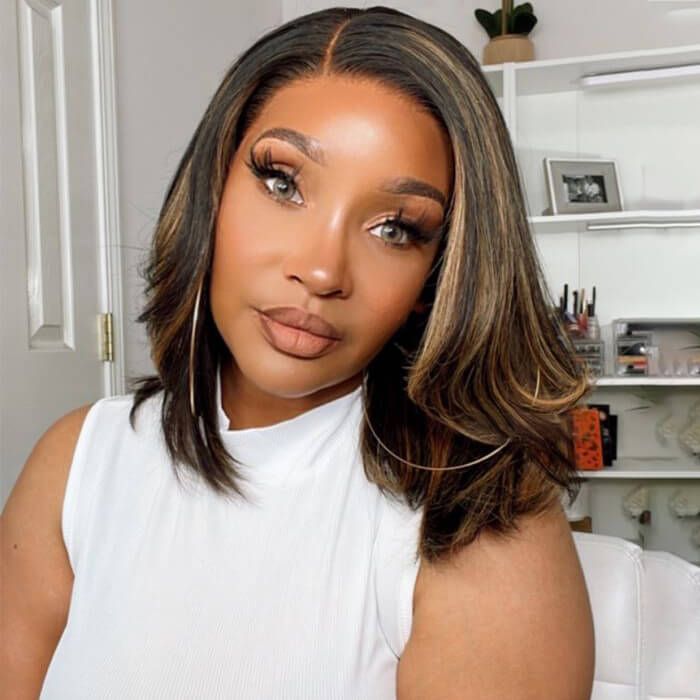 Golden Blonde Highlight Side Part Long Bob Lace Front Wig Human Hair