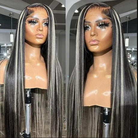 Grey And Black Hair 13x4 Lace Body Wave Platinum Blonde Highlights Wave Mixed Color Human Hair Wigs