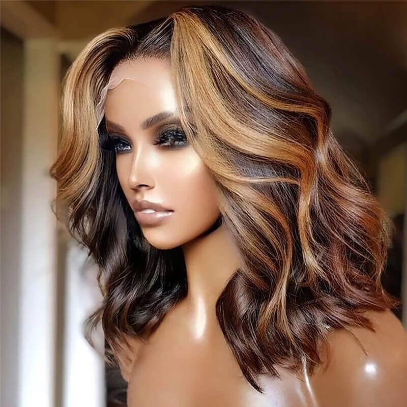 Brazilian 4X4 Highlight Honey Blonde Body Wave Lace Closure Human Hair Bob Wigs