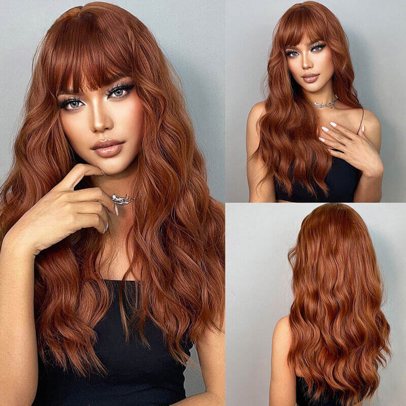 Long Wavy Human Hair Auburn Red Wigs with Bangs Hairs