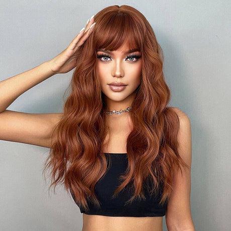 Long Wavy Human Hair Auburn Red Wigs with Bangs Hairs