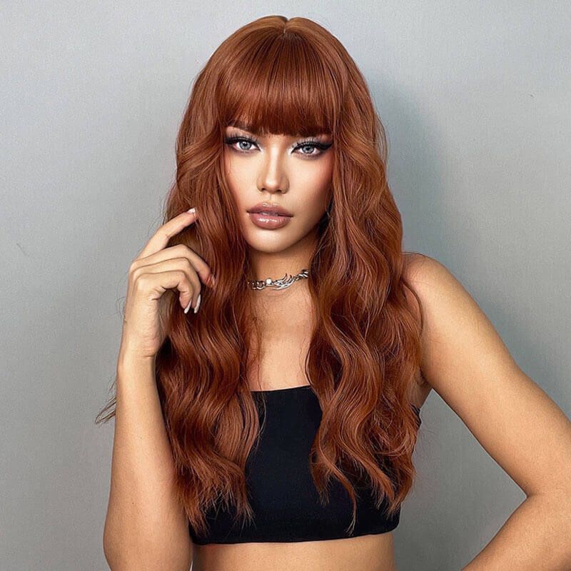 Long Wavy Human Hair Auburn Red Wigs with Bangs Hairs